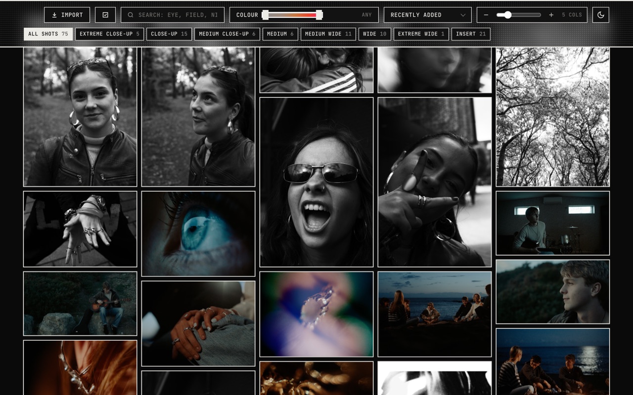 A Framebank board: a grid of film stills with shot-type filters along the top