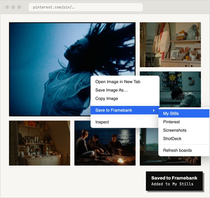 Right-clicking an image on Pinterest and choosing Save to Framebank, then a board