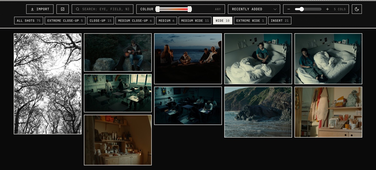 Shot-type filters, a colour slider and a board of frames filtered to wide shots
